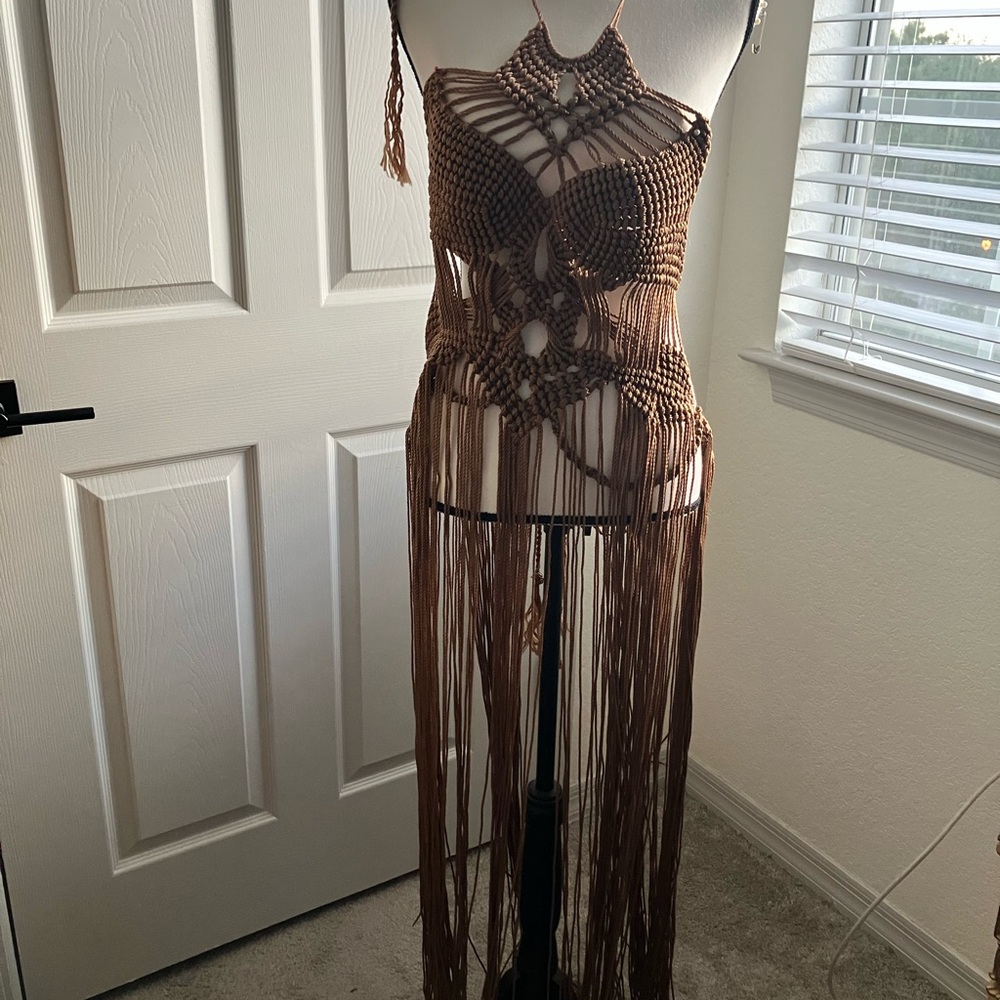 Vince Camuto Brown Macramé Fringe Dress